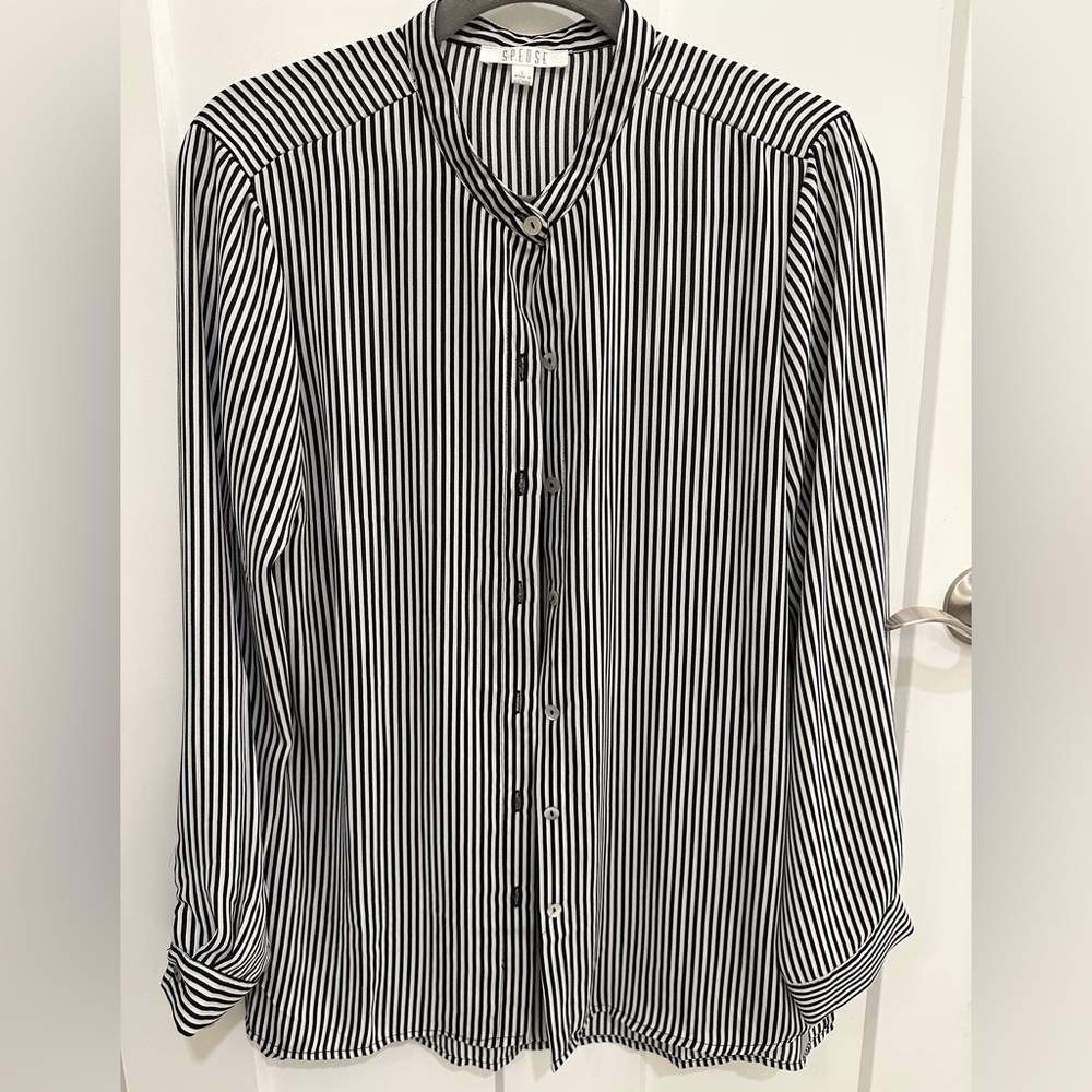 Black and White Striped Blouse with Mandarin Collar